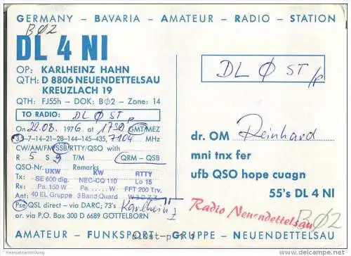 QSL - QTH - Funkkarte - DL4NI - Neuendettelsau - 1976