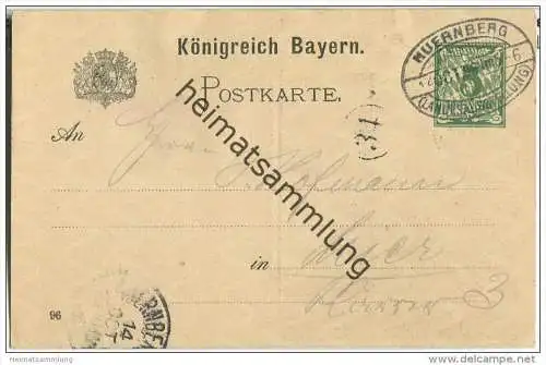 Postkarte Königreich Bayern 5 Pf. grün - Bayerische Landesausstellung Nürnberg 1896 - Sonderstempel