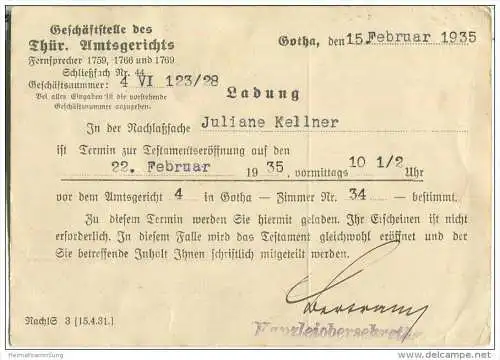 Deutsches Reich Dienstpost 6 Rpf. grün - Testamentseröffnung - Amtsgericht Gotha - gelaufen 1935