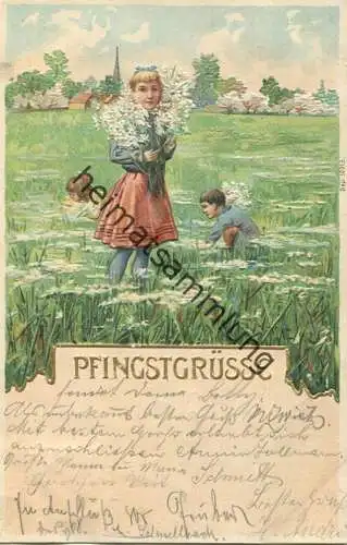 Pfingsten - Kinder auf der Wiese - Prägedruck gel. 1901