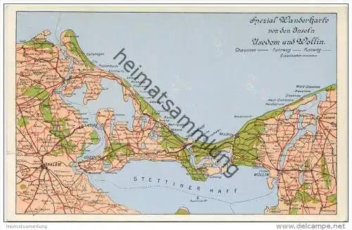 Spezial Wanderkarte von den Inseln Usedom und Wollin - Verlag Julius Simonsen Oldenburg 30er Jahre