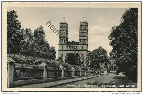 Straupitz im Spreewald - Schlossallee mit Kirche - Verlag Schöning &amp; Co. Lübeck 40er Jahre