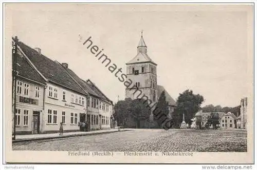 Friedland (Meckl.) Mecklenburg - Pferdemarkt mit Nikolaikirche - Verlag A. Christann Friedland 30er Jahre