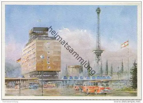 Berlin - Europa Hotel mit Omnibusbahnhof und Blick zum Funkturm - Künstlerkarte Nitschke - Verlag Zoecke Aquarell