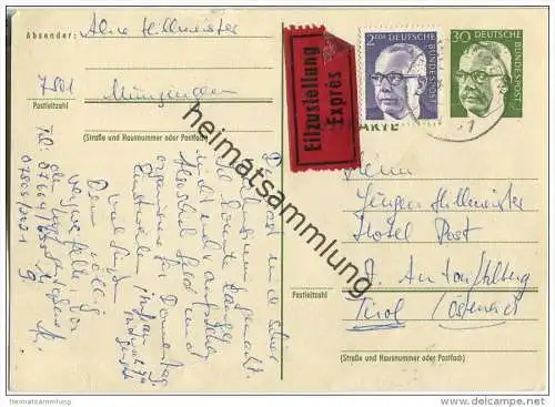 Bund - Postkarte 30 Pfg Heinemann mit Zusatz Heinemann 2,- DM - Eilzustellung nach Österreich - gelaufen 1973