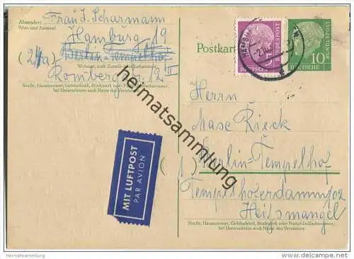 Bund - Postkarte 10 Pfg Heuss grosser Kopf - Luftpost 1957