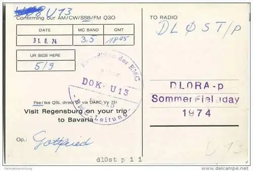 QSL - QTH - Funkkarte - DL0RA - Regensburg - 1974