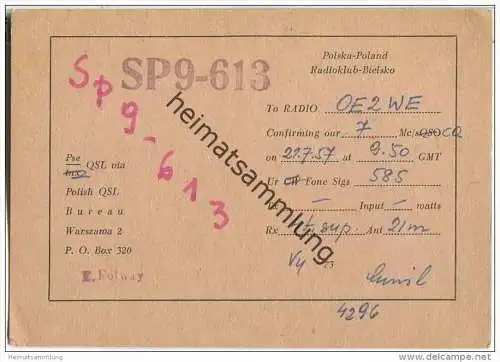 QSL - QTH - Funkkarte - SP9-613 - Polska - Radioklub Bielsko - 1957
