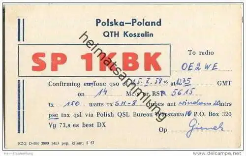 QSL - QTH - Funkkarte - SP1KBK - Polska - Koszalin - 1958
