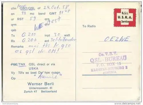 QSL - QTH - Funkkarte - HB9US - Schweiz - Zürich - 1958
