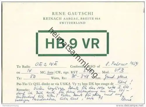 QSL - QTH - Funkkarte - HB9VR - Schweiz - Reinach Aargau - 1959