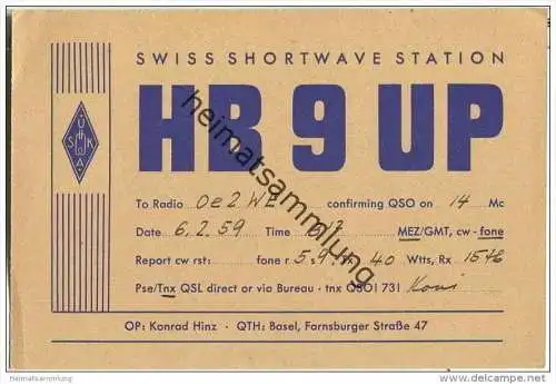 QSL - QTH - Funkkarte - HB9UP - Schweiz - Basel - 1959