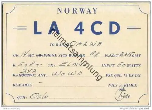 QSL - QTH - Funkkarte - LA4CD - Norway - Oslo - 1956