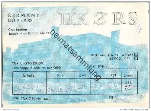 QSL - QTH - Funkkarte - DK0RS - Waldkirch - Junior High School Kollnau - 1977