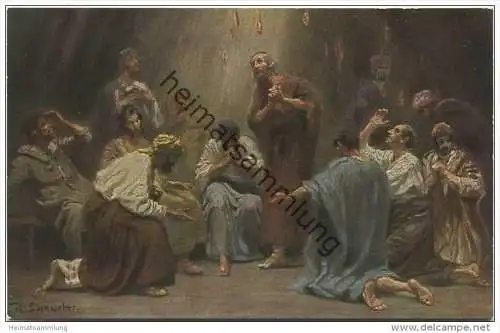 Die Heilige Schrift - Ausgießung des heiligen Geistes - Künstlerkarte R. Leinweber ca. 1910