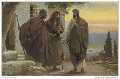 Die Heilige Schrift - Jesus und die beiden Jünger in Emmaus - Künstlerkarte R. Leinweber ca. 1910