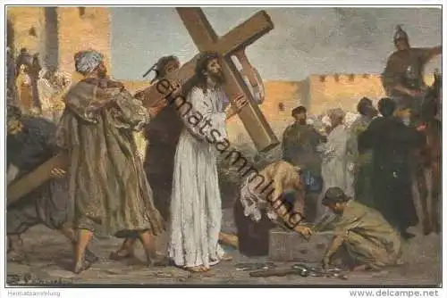 Die Heilige Schrift - Jesus nimmt das Kreuz auf sich - Künstlerkarte R. Leinweber ca. 1910