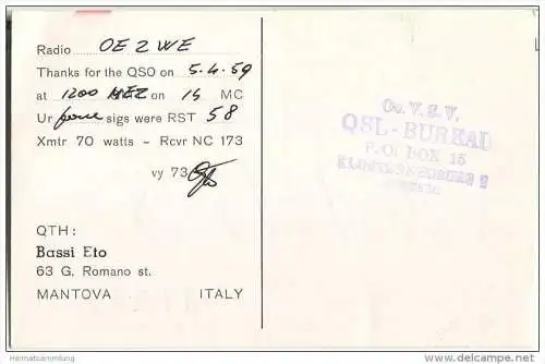 QSL - QTH - Funkkarte - I1BS - Italia - Mantova - 1959