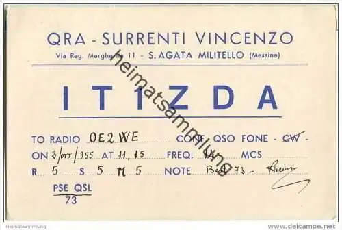 QSL - QTH - Funkkarte - IT1ZDA - Italia - S. Agata Militello - 1955