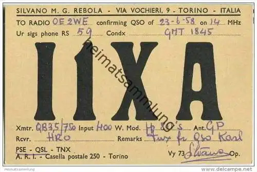 QSL - QTH - Funkkarte - I1XA - Italia - Torino - 1958