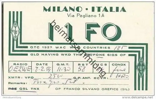 QSL - QTH - Funkkarte - I1FO - Italia - Milano - 1959