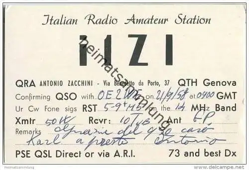 QSL - QTH - Funkkarte - I1ZI - Italia - Genova - 1958