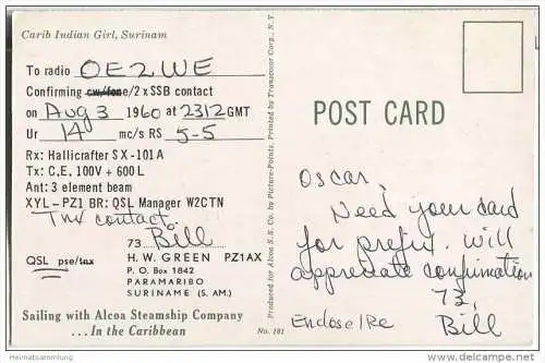 QSL - QTH - Funkkarte - PZ1AX - Suriname - Paramaribo - Carib Indian Girl - 1960