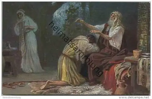 Die Heilige Schrift - Isaak segnet Jakob - Künstlerkarte R. Leinweber ca. 1910 - Verlag Hans Kohler &amp; Co. München