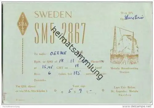 QSL - QTH - Funkkarte - SM5-2867 - Sweden - Motala - 1957