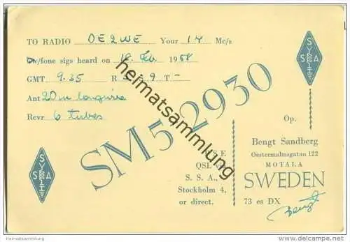 QSL - QTH - Funkkarte - SM5-2930 - Sweden - Motala - 1958