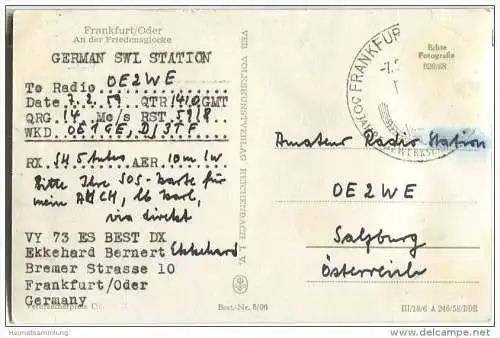 QSL - QTH - Funkkarte - DJ3TF - Frankfurt / Oder - Friedensglocke - 1959