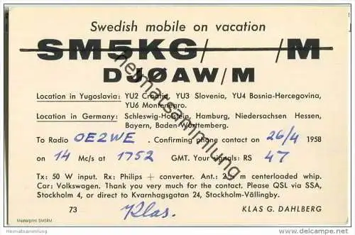 QSL - QTH - Funkkarte - SM5KG/M - Swedish mobile on vacation