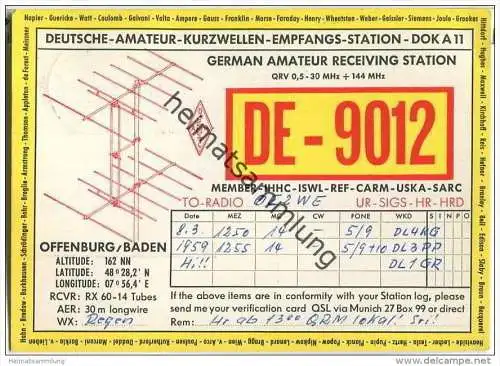 QSL - QTH - Funkkarte - DE-9012 - Offenburg - 1959