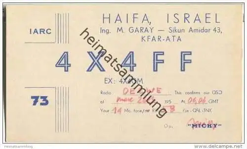 QSL - QTH - Funkkarte - 4X4FF - Israel - Haifa - 1955