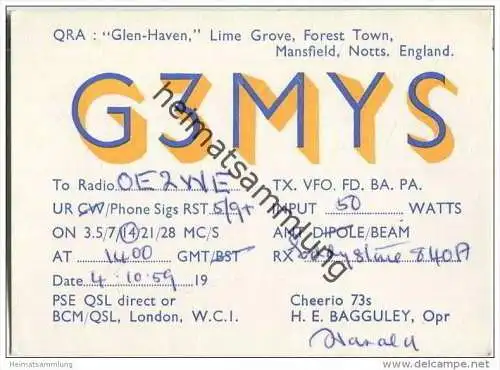 QSL - QTH - Funkkarte - G3MYS - Great Britain - Mansfield - 1959
