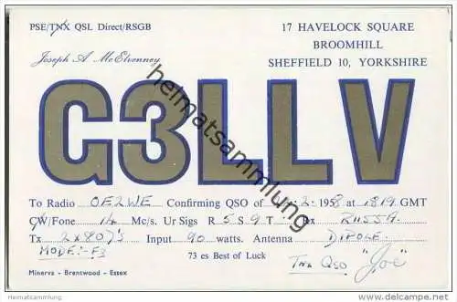 QSL - QTH - Funkkarte - G3LLV - Great Britain - Sheffield - 1958