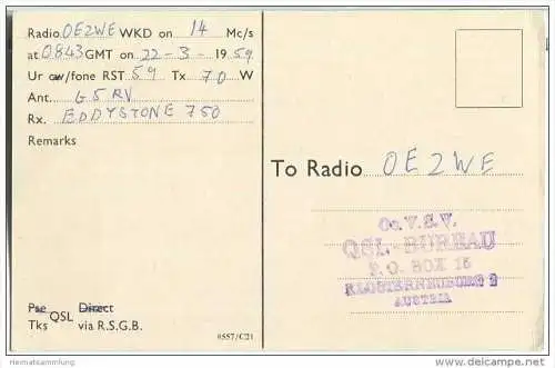 QSL - QTH - Funkkarte - G3LAZ - Great Britain - London - 1959