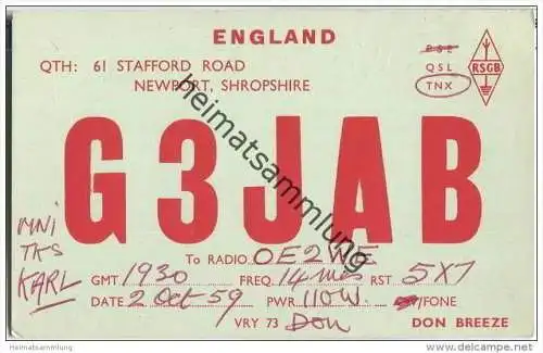 QSL - QTH - Funkkarte - G3JAB - Great Britain - Newport - 1959