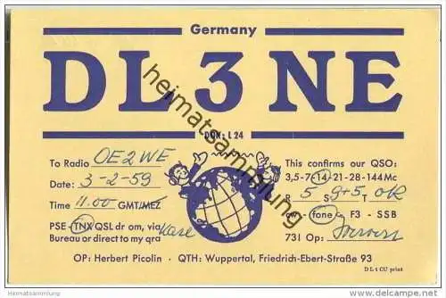 QSL - QTH - Funkkarte - DL3NE - Wuppertal - 1959