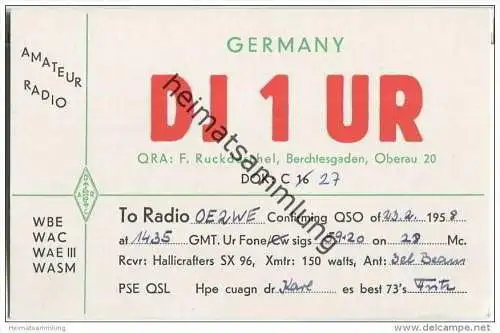 QSL - QTH - Funkkarte - DJ1UR - Berchtesgaden - 1958