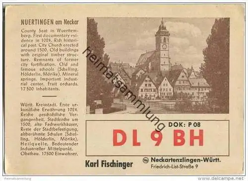 QSL - QTH - Funkkarte - DL9BH - Neckartenzlingen - 1958