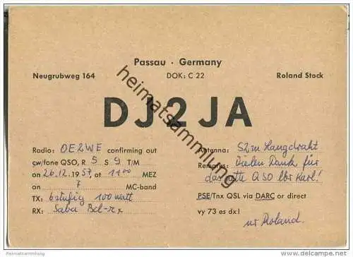 QSL - QTH - Funkkarte - DJ2JA - Passau - 1957