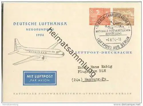 Deutsche Lufthansa Neugründung 1954 - Postwertzeichenausstellung Berlin - gelaufen 04-08-1954