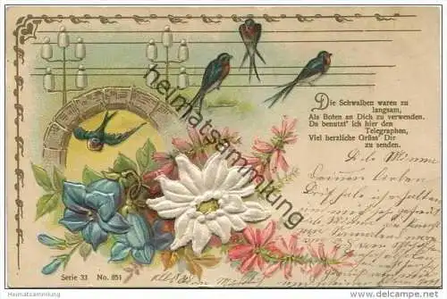 Schwalben - Enzian - Edelweiß mit Samt bezogen - Spruch - Prägedruck