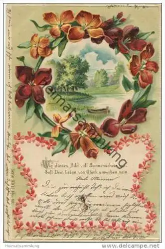 Blumen - Flusslandschaft - Spruch - Prägedruck