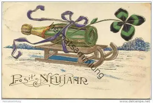 Neujahr - Sektflasche - Schlitten - Glücksklee - Prägedruck