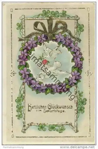 Geburtstag - Tauben - Veilchen - Goldprägedruck