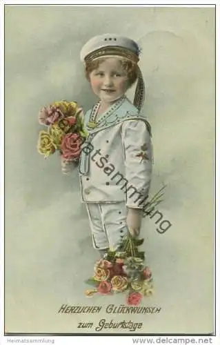 Geburtstag - kleiner Matrose mit Rosen - Golddruck