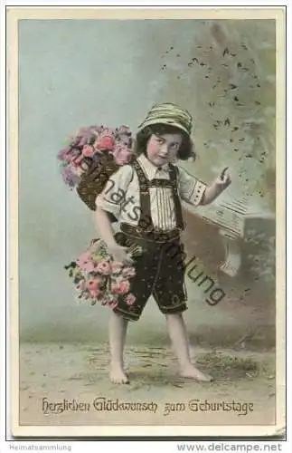 Junge in Lederhosen - Blumenstrauss - Golddruck