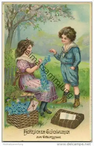 Geburtstag - Korb mit Vergissmeinnicht - Brief - Goldprägedruck